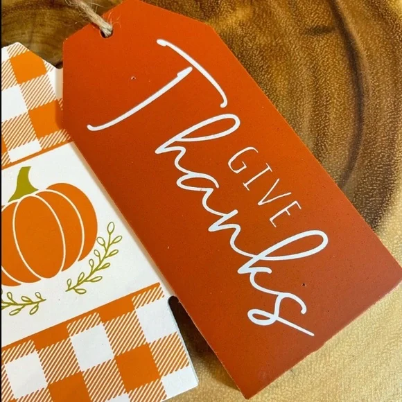🍂🎃🍁 5” x 6” GIVE THANKS PLAID AUTUMN FALL PUMPKIN DOOR HANGER TAGS w/JUNE ROPE - Picture 5 of 6